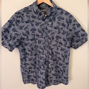 Eddie Bauer Blue Wildlife, Fishing Patterned Button-Down‎ Shirt